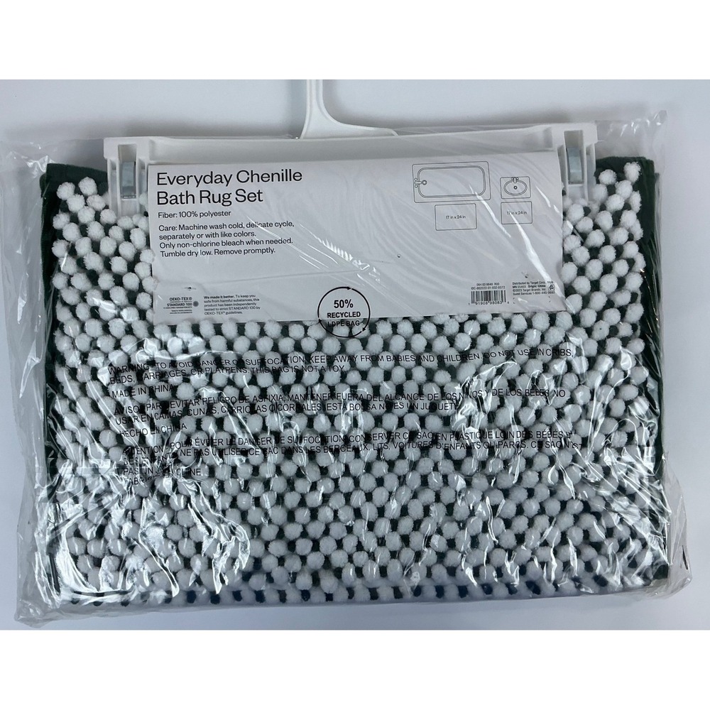 Room Essentials Everyday Chenille Bath Rug Set 2 Piece Green White New - Picture 4 of 6